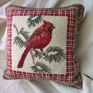 Needle point Cardinal Pillow square with Holly Berry border, Velvet Back